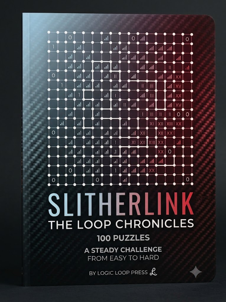 Slitherlink: The Loop Chronicles — book cover showing a dark, premium design with grid puzzles